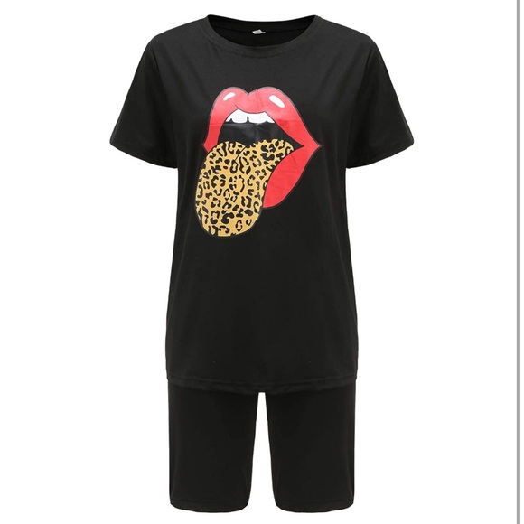 Black Leopard Red Lip Graphic Tee and Shorts Set Size S - Picture 4 of 4